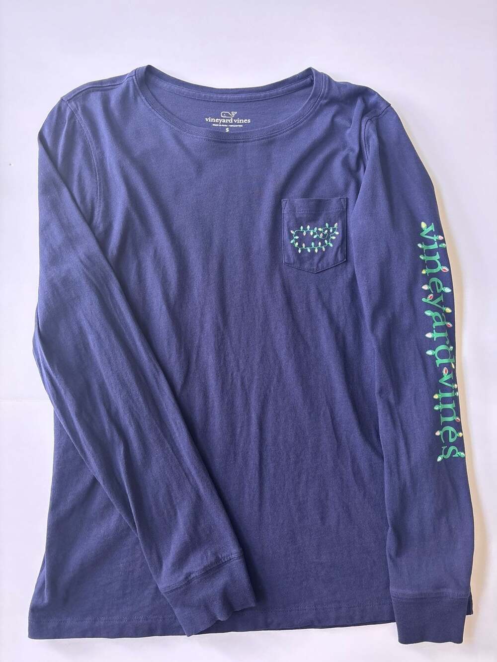 Vineyard Vines Christmas Lights Whale Graphic Long Sleeve Pocket T-Shirt